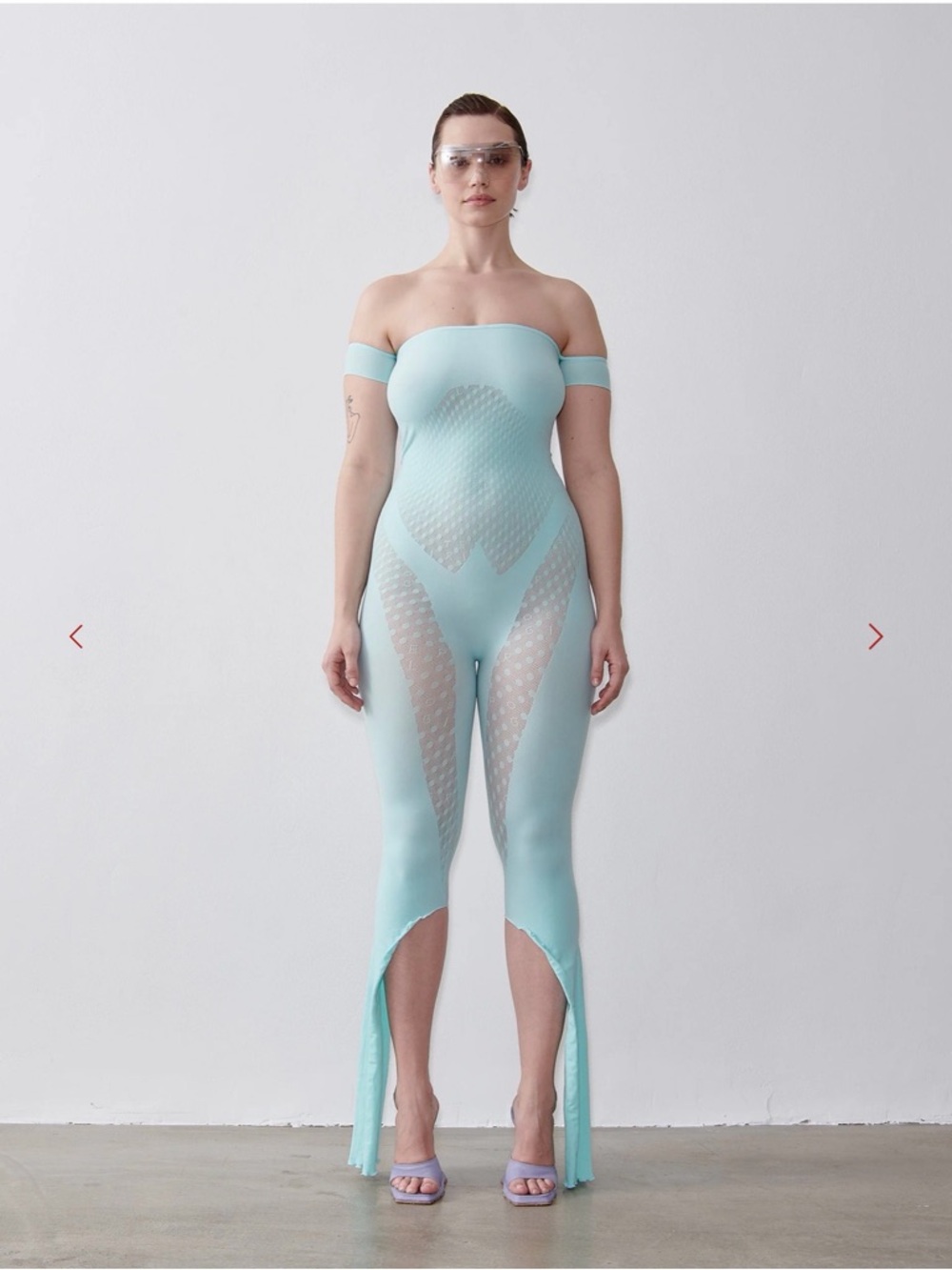 Light Aqua Off-Shoulder Sheer Panel Jumpsuit